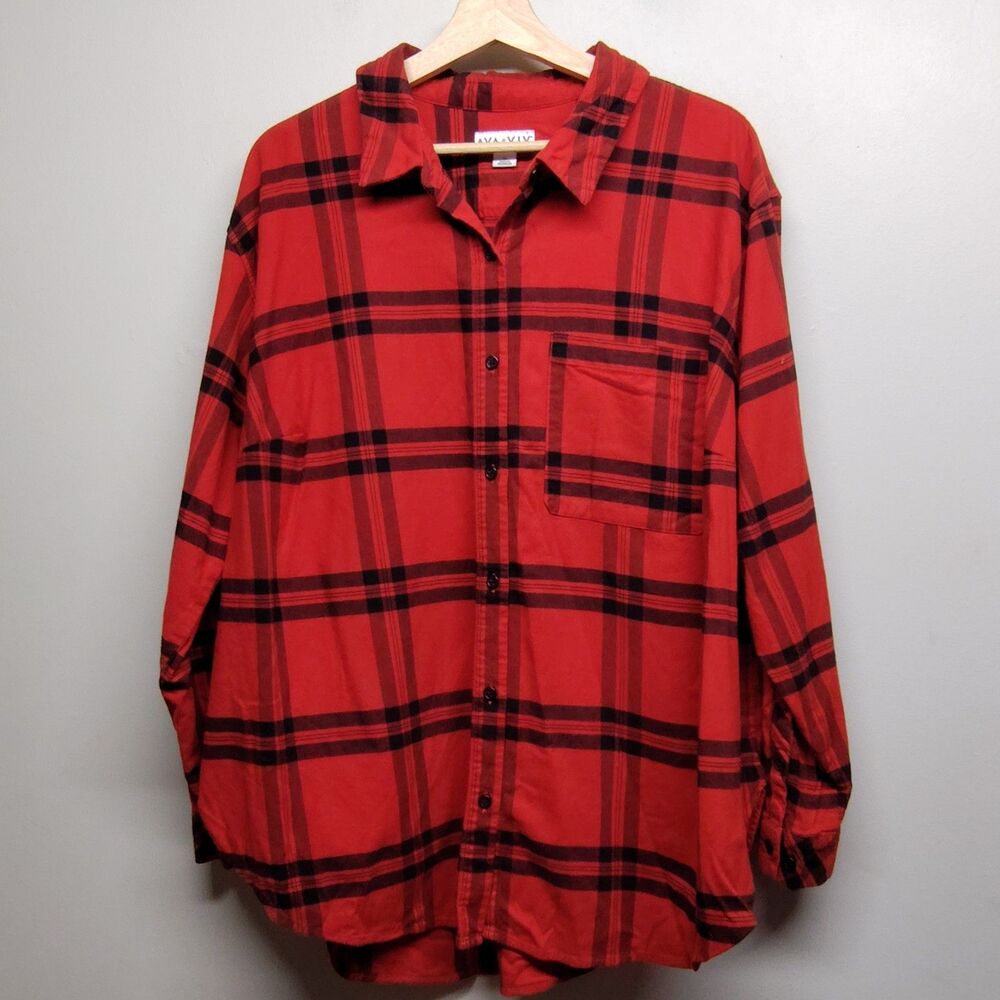 Ava & Viv Flannel Shirt Women 1X Red Plaid Long Sleeve Fall Autumn Cabincore